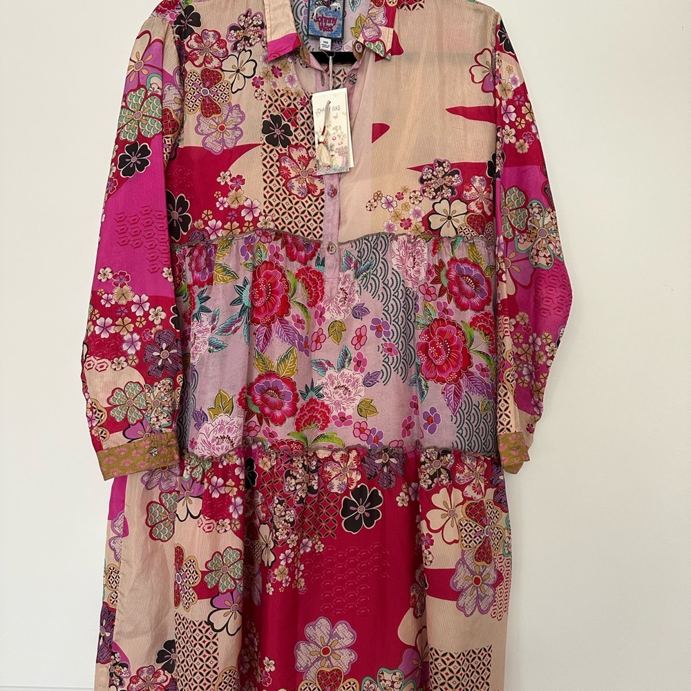 Johnny Was Yama Jasmine Multicolor Floral Patchwork Silk Dress